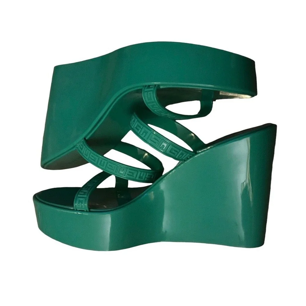 GUESS Edvina Green Jelly Platform Wedge Sandals Logo Strap Slides Womens Size 9